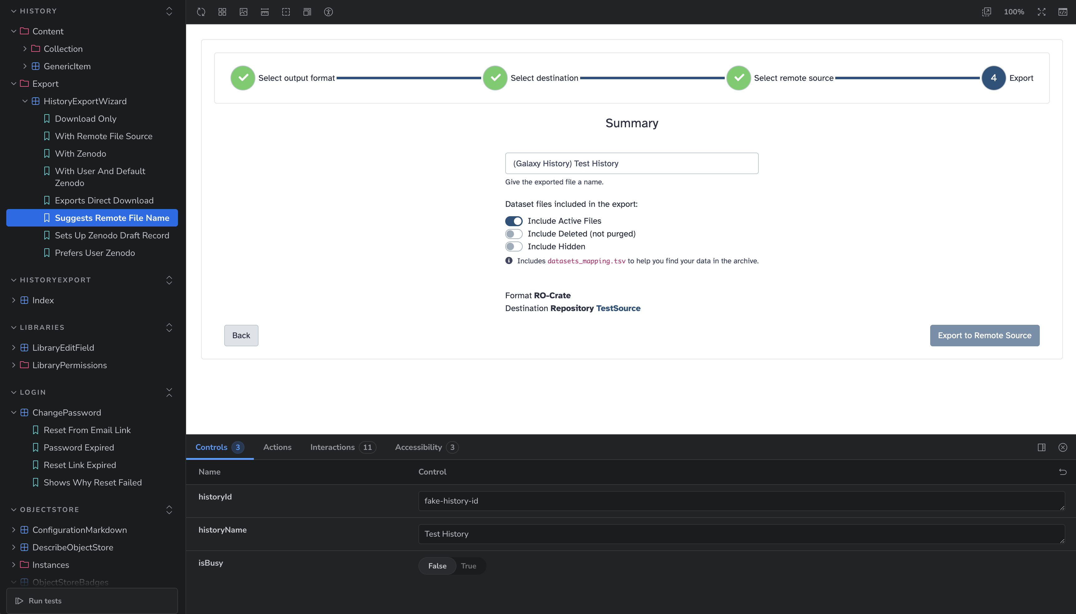 Storybook showing the HistoryExportWizard Suggests Remote File Name story, the rendered export summary, named stories in the sidebar, and controls and interaction panels below