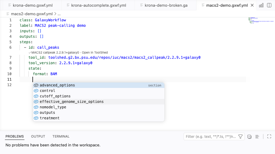 VS Code completing valid Format 2 state keys from a Galaxy tool schema