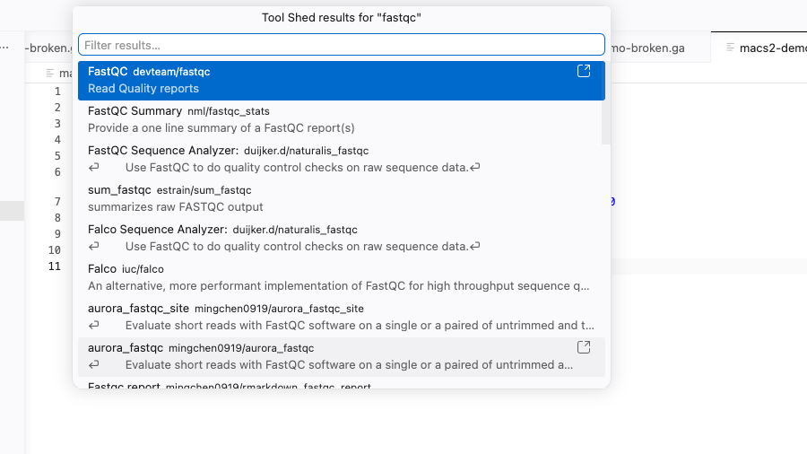VS Code ToolShed search results for FastQC tools