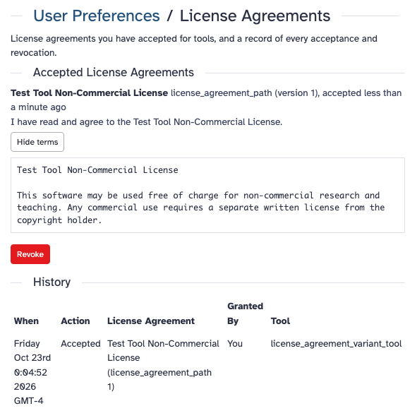 Galaxy License Agreements preferences showing accepted test terms, a Revoke button, and the acceptance history table